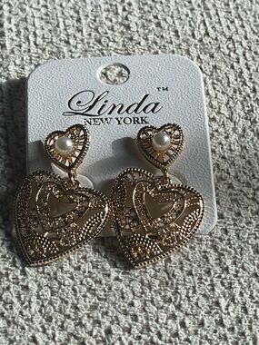 Gold Heart Drop Earrings with Pearl Accent